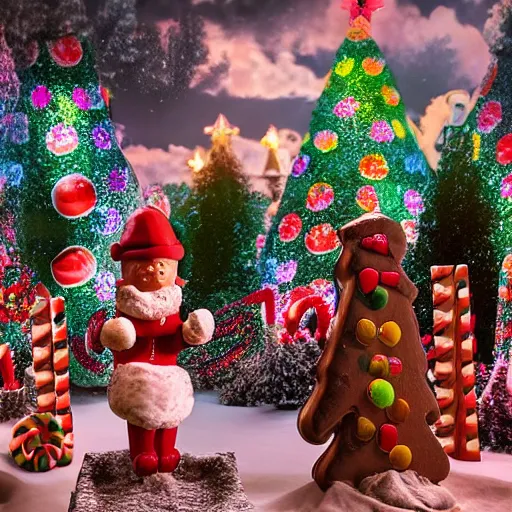 Image similar to Candy land forest during christmas time with anthropomorphic ginger bread people and candy people, rivers made out of chocolate milk, the sky is pink, 3d art, Surreal, Angelic, HD, Hyper Realistic