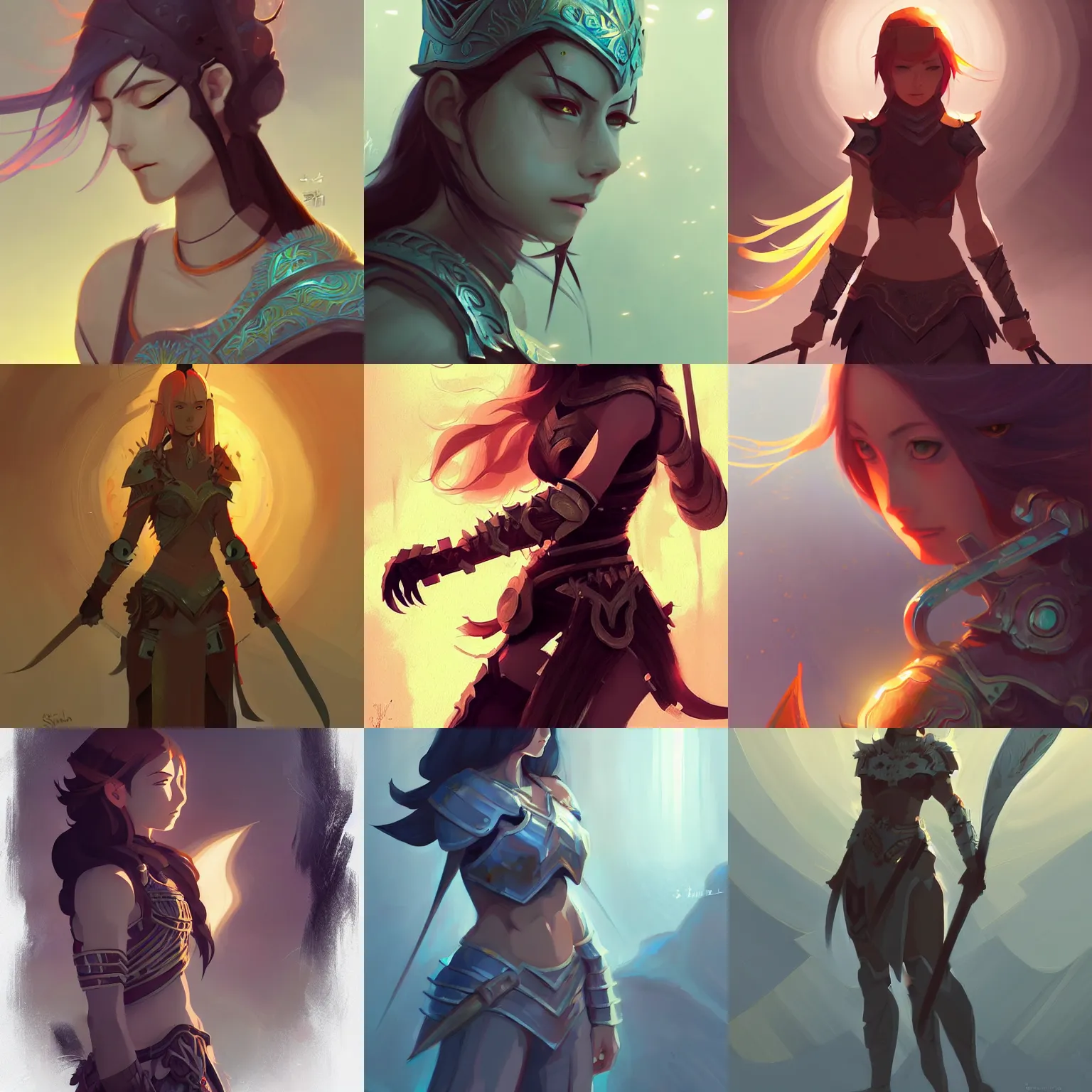 Prompt: female warrior, passion, bravery, intricate armour costumes, light and shadow effects, intricate, digital painting, art station, concept art, smooth, sharp focus, morandi color scheme, central composition, illustration, art by makoto shinkai and lois van baarle