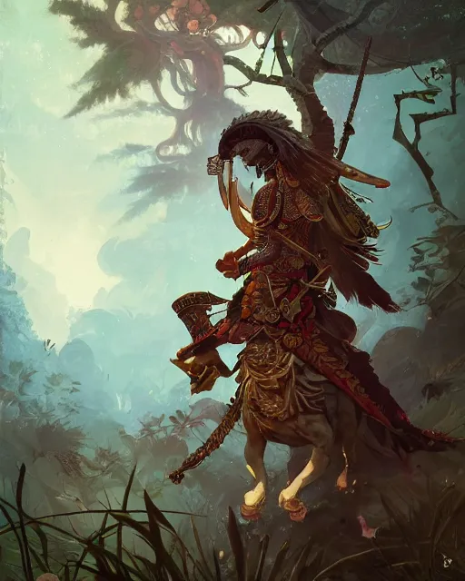 Prompt: 2d illustration of a spanish conquistador wearing pompous ornate armor in a dense jungle, art by Peter mohrbacher and Dan mumford and studio ghibli and disney concept artists, fantasy, intricate octane, trending on artstation, princess mononoke color scheme, detailed, concept art, anatomy