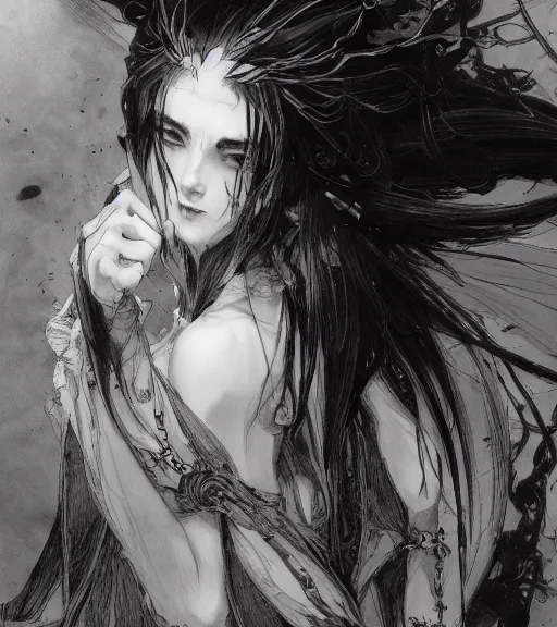 Image similar to portrait of anime succubus with long hair wearing a dark robe, pen and ink, intricate line drawings, by craig mullins, ruan jia, kentaro miura, greg rutkowski, loundraw