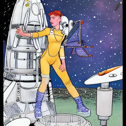 Image similar to astronaut girl fixing the spaceship by milo manara