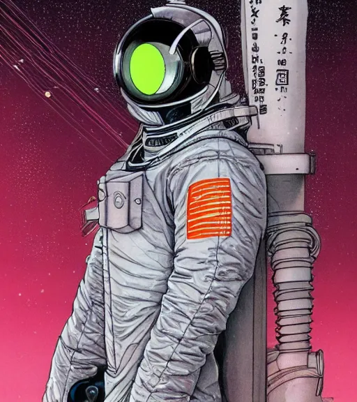 Image similar to cyberpunk japanese man with long limbs and a black spacesuit on a spacewalk, techwear, Industrial Scifi, detailed illustration, character portrait, by Martin Grip and Moebius