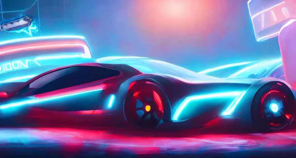 Prompt: product shot of a tron tesla light neon car, hot wheels, wipe out, hyper realistic, concept art, smooth, high contrast, volumetric lighting, octane, raytrace, syd mead, artgerm, jim lee,