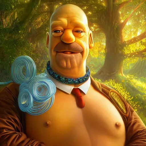 Image similar to ultra realistic illustration of magical real life cartoon character homer simpson, forest, fantasy, colorful lights, intricate, elegant, highly detailed, digital painting, artstation, concept art, smooth, sharp focus, illustration, art by artgerm and greg rutkowski and alphonse mucha homer!!! simpson!!!