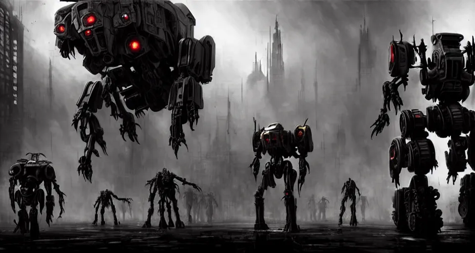 Image similar to zombie - flesh - battlemech, in a cyberpunk gothic city hyper realistic sci - fi matte concept art painting of dramatic cinematic scene, guns, missiles, explosions, beautiful details, strong composition painted by kim jung guweta studio rutkowski, james gurney and greg rutkowski, and lucasfilm, smooth, intricate, detailed, sharp focus, cinematic