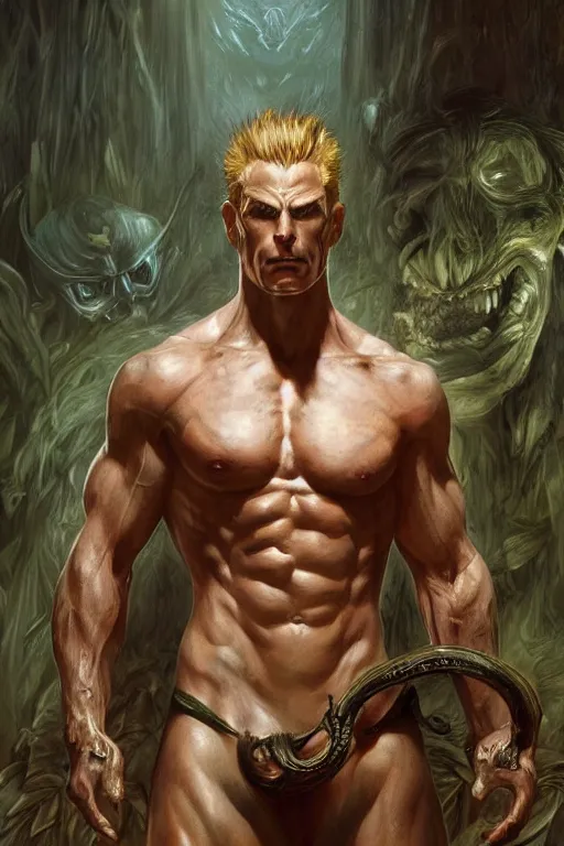 Prompt: portrait of albert wesker as a herculian demon man, forest, full body, powerful, fantasy, intricate, elegant, highly detailed, digital painting, artstation, concept art, sharp focus, illustration, art by artgerm and greg rutkowski and alphonse mucha