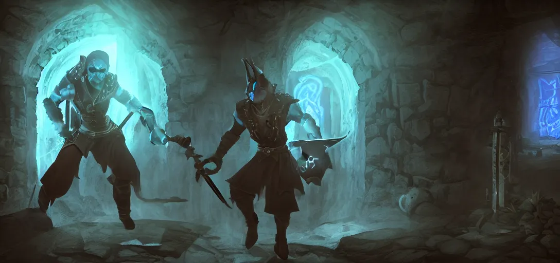 Prompt: 'stylized Skyrim wizard character, handsome young necromancer casting a spell to reanimate a corpse inside a dungeon chamber with eerie blue lighting'