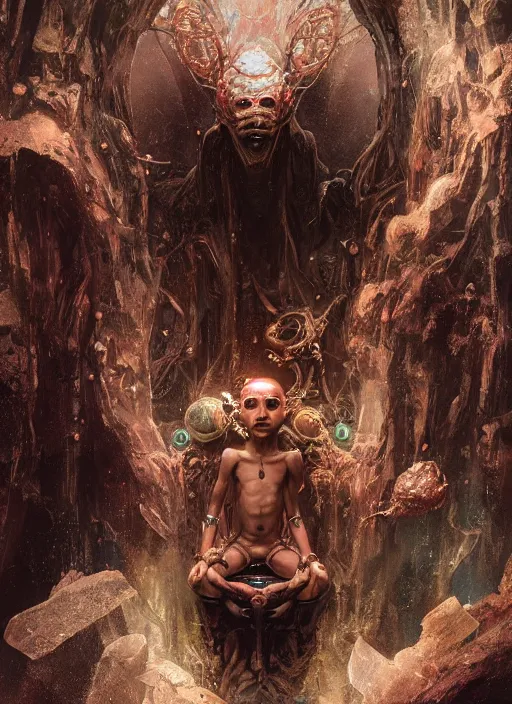 Image similar to hyper realistic photography of intricate symmetric strange alien child god sitting on ruined ornamented opal throne in a crystal cave detailed, greg rutkowski, mignola, moebius, artstation, cgsociety