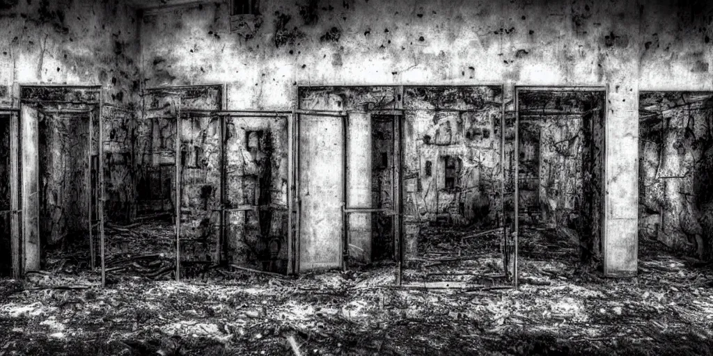 Image similar to abandoned prison with monsters, old photo, black and white, real