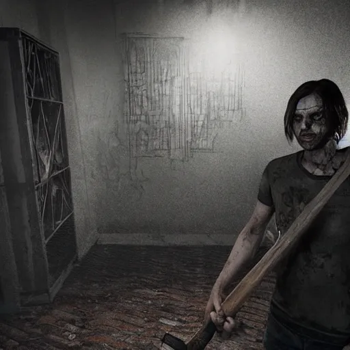 Prompt: jack baker from resident evil 7 ( 2 0 1 7 ) wielding axe, slasher smile, cinematic lighting, eerie atmosphere, re engine render, photorealistic face