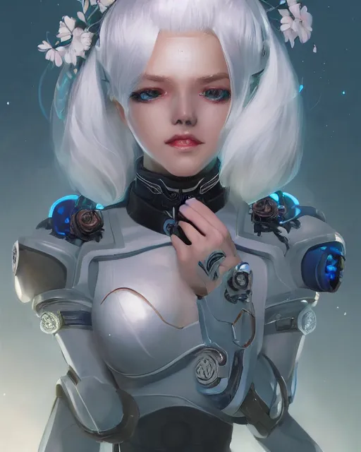 Prompt: cyborg girl with white hair and black skirt, flower decorations, dreamy, beautiful illustration, scifi, radiant, atmosphere, harmony, top lighting, blue eyes, focused, perfect composition, artstation, highly detailed, art by yuhong ding and chengwei pan and serafleur and ina wong