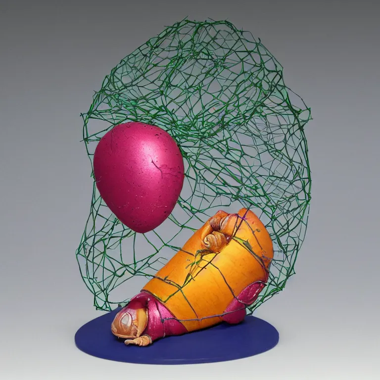 Prompt: hyperrealistic sculpture of a human heart hermit crab dusted with saffron and deep blue and grass green spraypaint in a grid cage on a pedestal by ron mueck and duane hanson and lee bontecou, hyperrealistic dramatic colored lighting trending on artstation 8 k