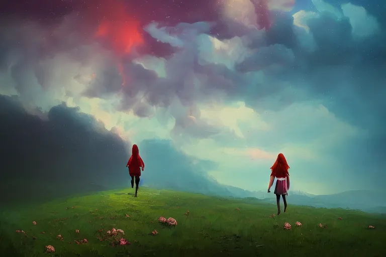 Image similar to giant dahlia flower as a head, girl walking on mountain, surreal photography, stars, dramatic light, impressionist painting, storm clouds, digital painting, artstation, simon stalenhag