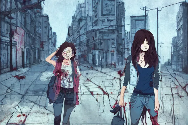 Image similar to urban school zombie girl in tattered clothes with a city street of Buenos aires in the background, dark blue long hair, muted colors, matte print, pastel colors, ornate, digital art, cute smile, digital painting, fan art, elegant, pixiv, by Ilya Kuvshinov, by Studio Ghibli