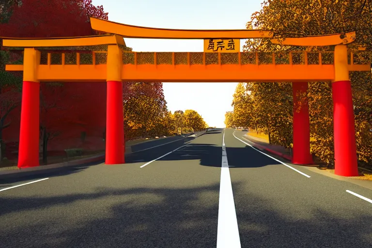 Prompt: Yellow school bus, driving towards a red japanese Torii gate, New York location in USA, ray tracing, high detail, 4K