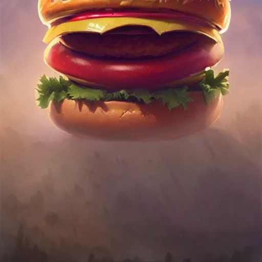 Image similar to a monster with a hamburger as a head, burger with eyes, burger with teeth, character concept art, fantasy drawing, illustration, highly detailed, hyperrealistic, cgsociety, artstation, oil painting by greg rutkowski