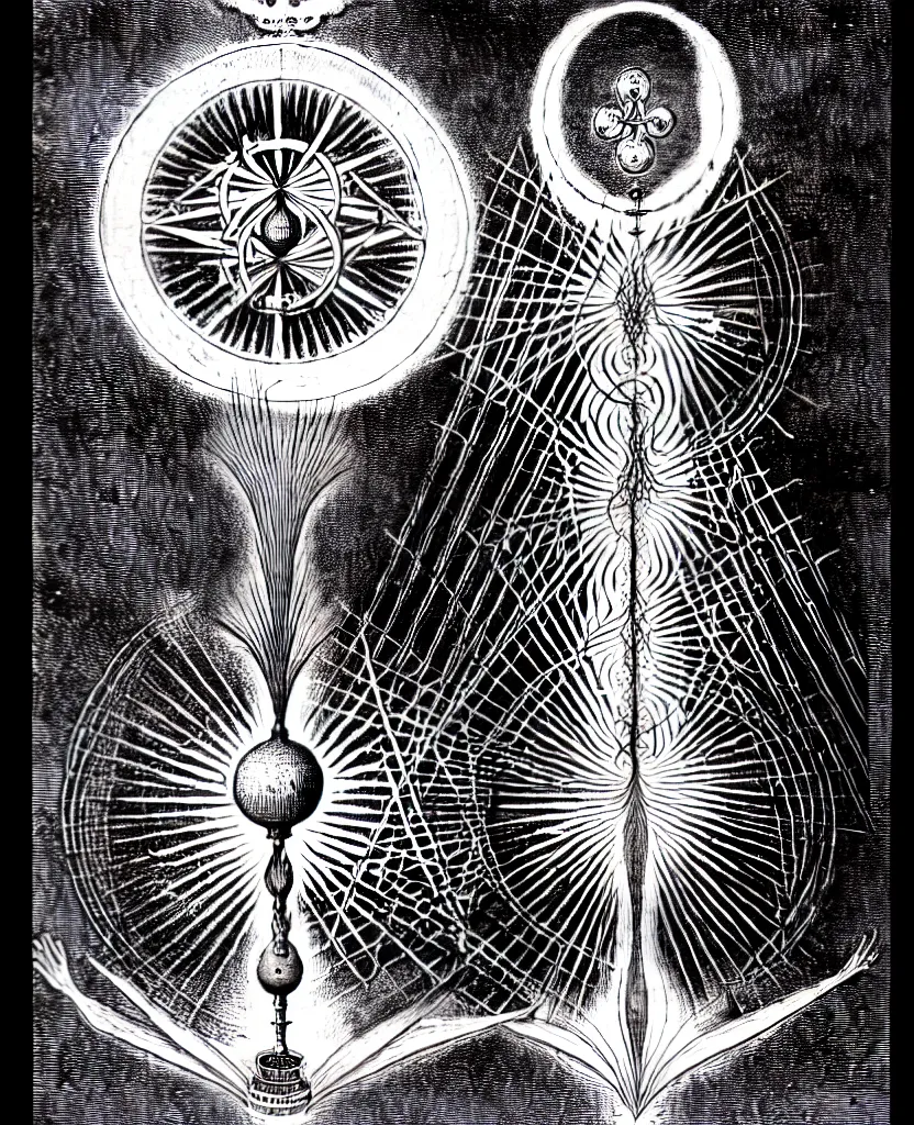 Prompt: alchemical fiery creature sings a unique canto about'as above so below'being ignited by the spirit of haeckel and robert fludd, breakthrough is iminent, glory be to the magic within