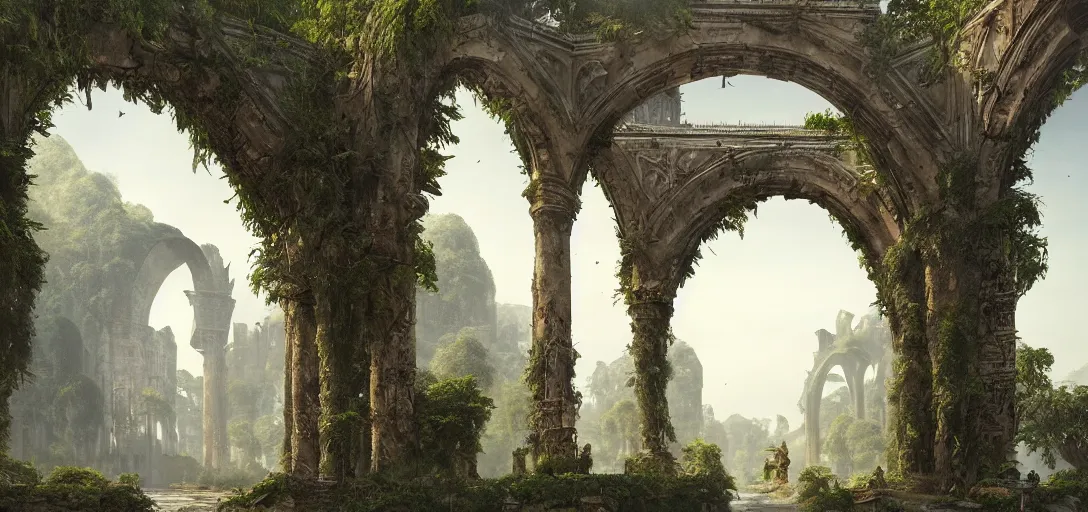 Prompt: gigantic palace, arches adorned pillars, towers, archways, gnarly trees, lush vegetation, forrest, landscape, raphael lacoste, eddie mendoza, alex ross, concept art, matte painting, highly detailed, rule of thirds, dynamic lighting, cinematic, detailed, denoised, centerd