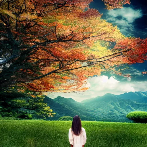 Image similar to a beautiful photograph of a girl with japan landscape in the background with trees, hdr, 8 k, high quality, sharp focus, artstation, highly detailed, award - winning, dramatic lighting, beautiful clouds, and nature