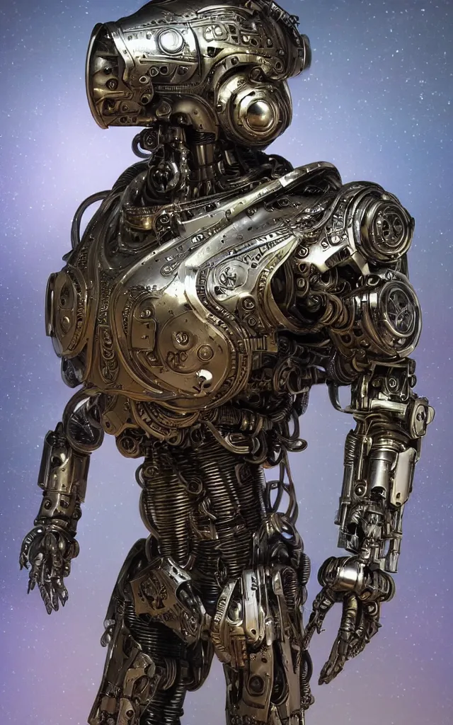 Prompt: Scifi art cyborg steampunk armour , warhammer, by Justin Gerard and Jason Edmiston, intricate, realistic pretty face, alphonse mucha ,high-tech, hard surface, metallic, cyberpunk, neon glow, sharp, titanium, helmet made out of steel and platinum shiny, Octane render, 3D, detailed HD 8K trending in art station