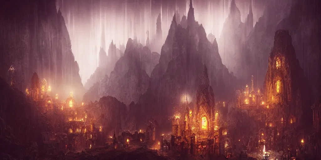 Prompt: A shining dwarven city in a dark cavern, rainy, dark and gloomy atmosphere, fantasy digital art, octane render, beautiful composition, trending on artstation, award-winning photograph, masterpiece