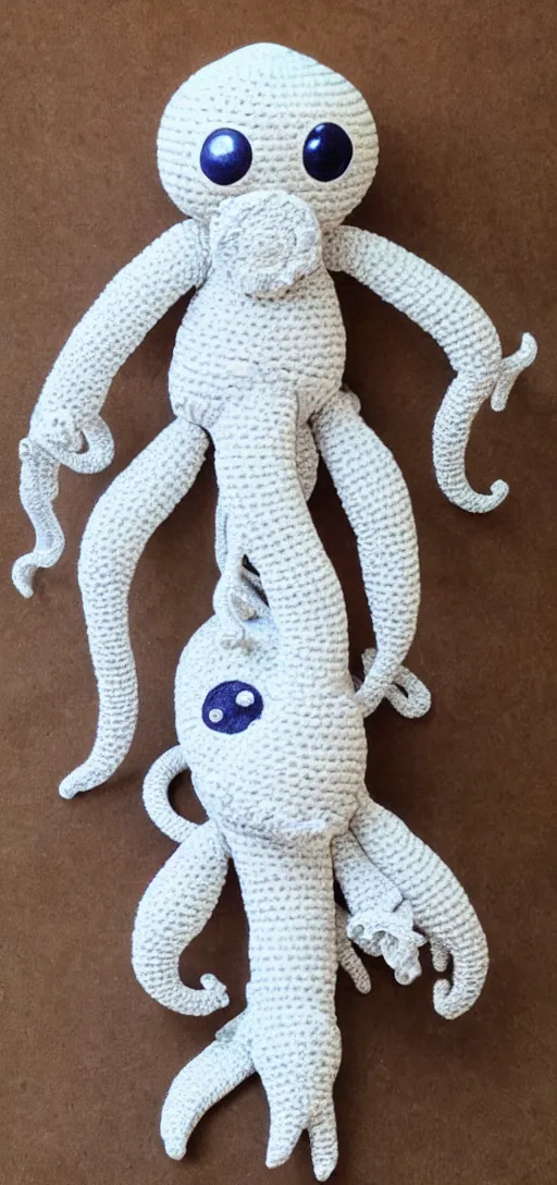 Prompt: A photorealistic C'thulhu crochet doll