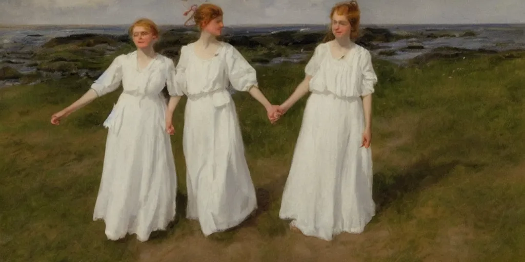 Image similar to a young edwardian woman wearing a white dress on a beach in Sweden, holding hands with another young edwardian woman, in the style of Anders Zorn