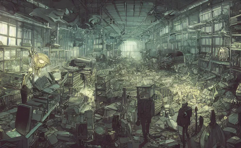 Prompt: a bio - monster in a mess warehouse, crystal lights, resident evil, sci - fi atmosphere, cel - shading, cinematic, artstation, studio ghibli, miyazaki, highly details