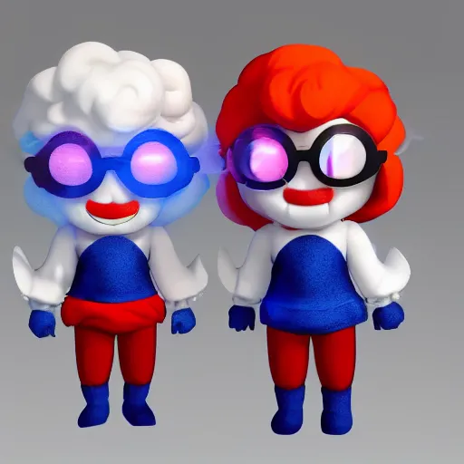 Prompt: cute fumo plushes of a set of red and blue twins who are masters of fire and ice magic respectively, outline glow, particle simulation, blue and orange lens flare, vray