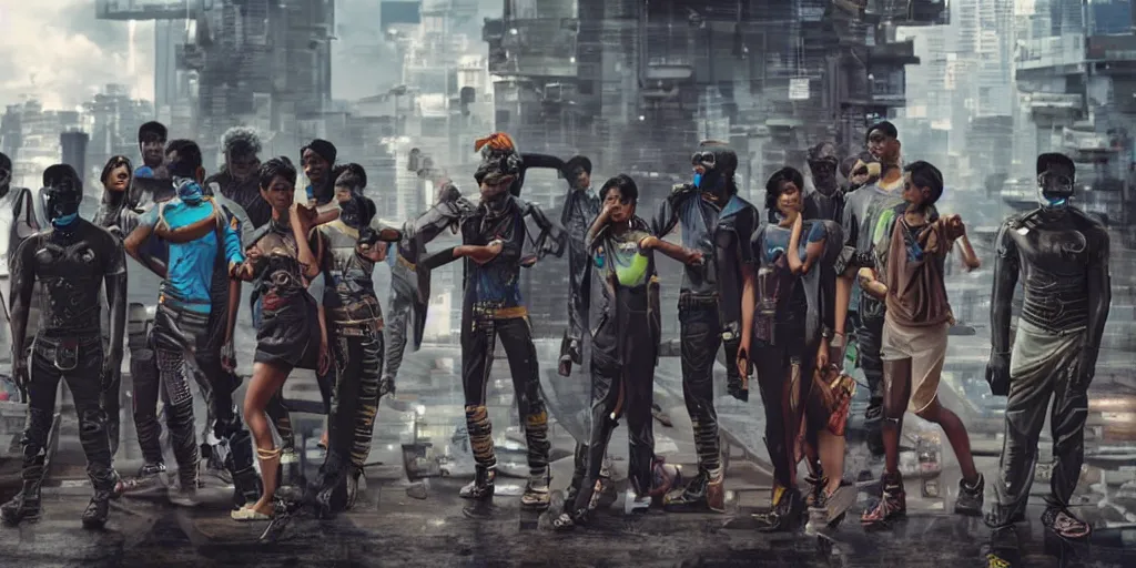 Image similar to sri lankan futuristic cyberpunk gang, film still, epic shot cinematography, rule of thirds, sci - fi tech style