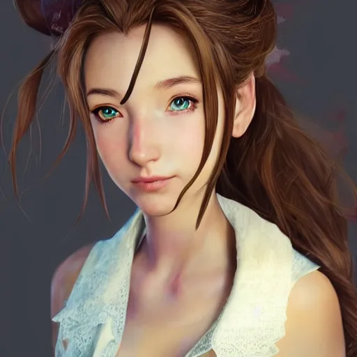 Image similar to realistic concept art of aerith gainsborough, highly detailed, trending on artstation