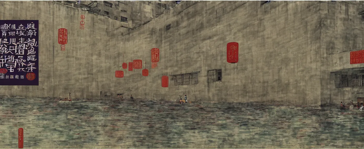 Image similar to a chinese prison near a river by peter doig, 4 k, muted colors, overlaid with chinese adverts