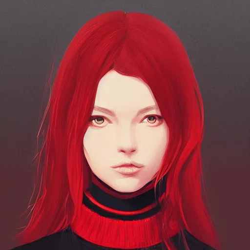 Image similar to girl in dark red turtleneck, black coat, elegant, 2d, ultra highly detailed, digital painting, smooth, sharp focus, artstation, portrait art by Ilya Kuvshinov