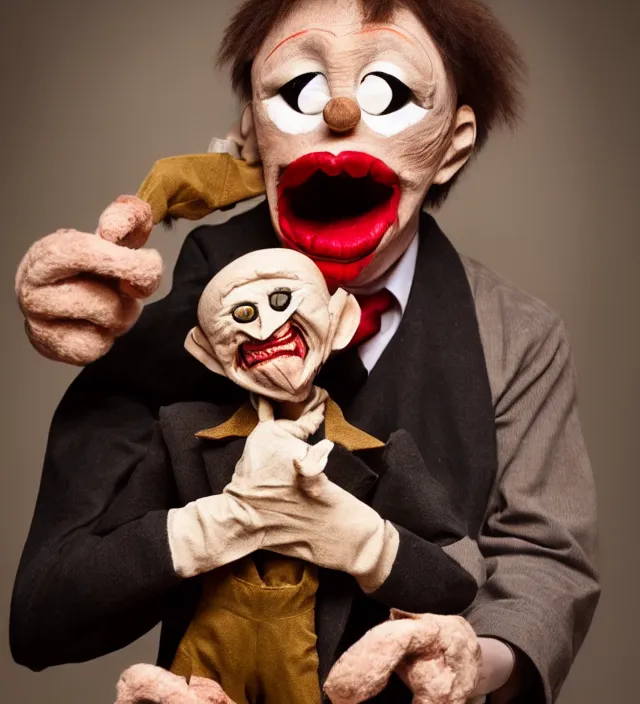 Prompt: hyper realistic photography of horror ventriloquist with wooden puppet