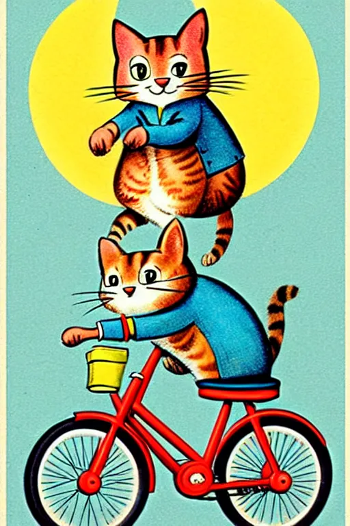 Image similar to by richard scarry,,,,,,,,,,,,,,,,,,,,,,, a cat riding a bike. a 1 9 5 0 s retro illustration. muted colors, detailed