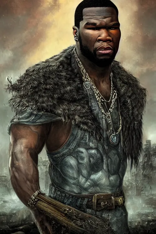 Image similar to highly detailed elden ring portrait photo of a 5 0 cent in a scenic dystopian environment, hyperrealistic illustration by william didier - pouget