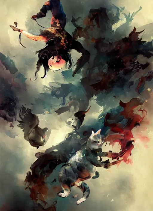 Image similar to surreal gouache gesture painting, by yoshitaka amano, by ruan jia, by Conrad roset, by dofus online artists, detailed render of cats fighting,cats, felines, meow, cats, portrait, cgsociety, artstation, rococo mechanical, Digital reality, sf5 ink style, dieselpunk atmosphere, gesture drawn