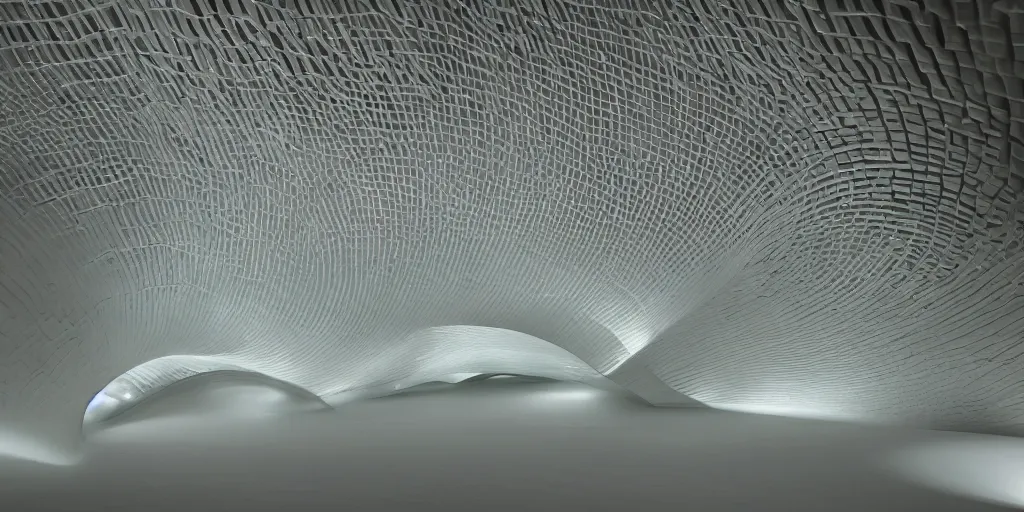 Image similar to extremely detailed awe stunning beautiful futuristic smooth curvilinear museum interior, translucent gills, hyper real, 8k, 3D cinematic volumetric light, atmospheric light