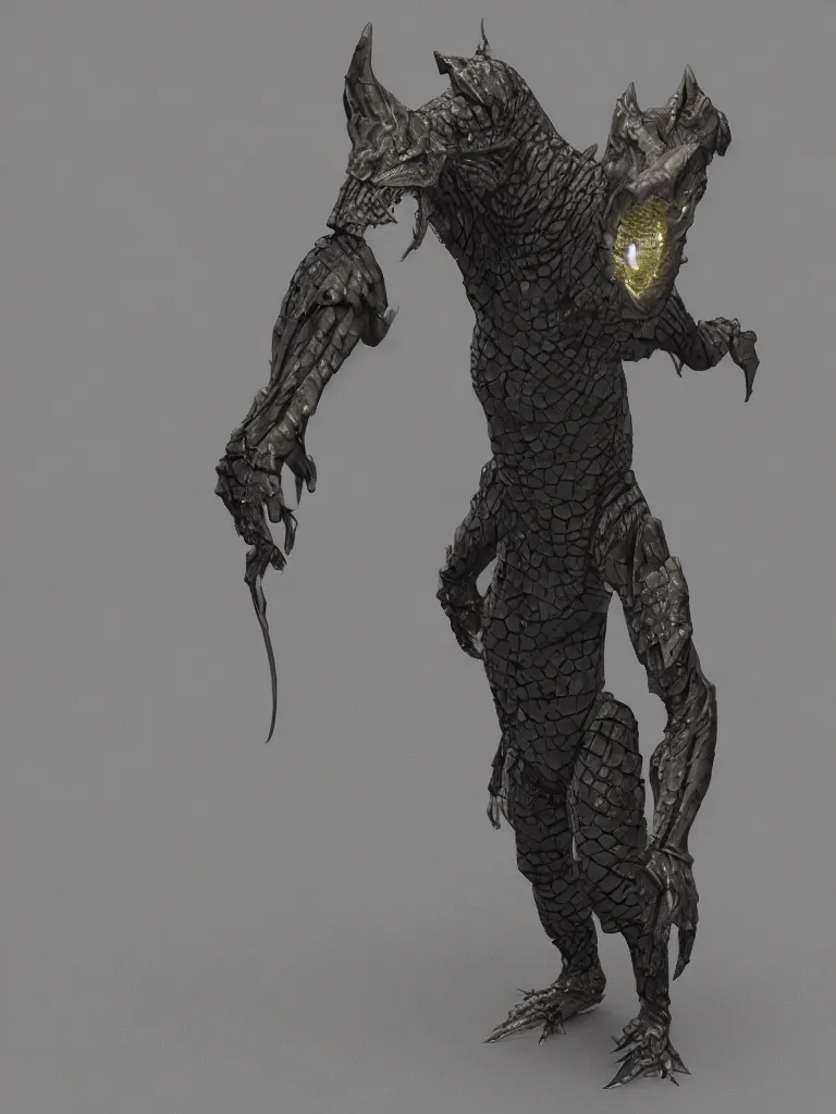 Prompt: 3d reptilian humanoid warrior armored, 8K, character design, concept art, DSLR, filmic, HDR, trending artstation, Unreal Engine 5, cry engine, volumetric lighting, Dark art