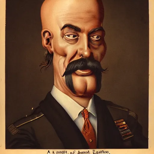 Prompt: a caricature of an angry south-americam muscular army general, thick mustache, bald, orange skin, pear-shaped skull with the thicker part at the bottom, with jesus christ\'s aureola, high-quality digital art
