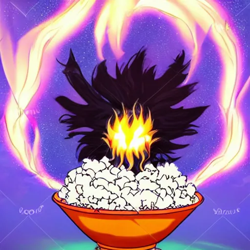 Image similar to fluffy exploding popcorn elemental spirit, in the style of a manga character, with a smiling face and flames for hair, sitting on a lotus flower, white background, clean composition, symmetrical