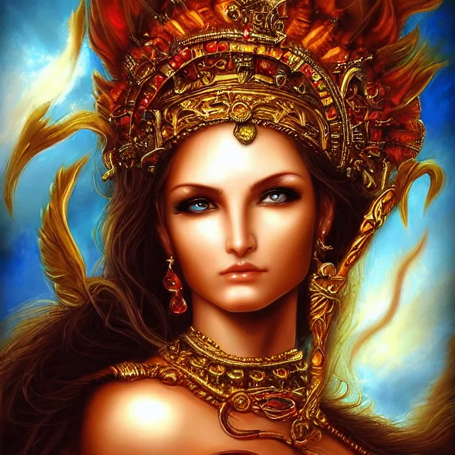 Image similar to perfectly centered close up portrait, goddess of fire, candid photography, by anne stokes, highly detailed