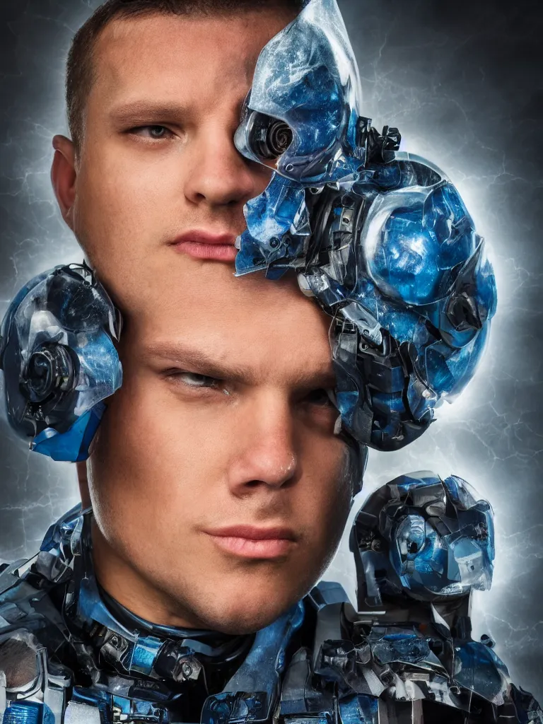 Prompt: ion man, studio portrait, realistic eyes, strong facial expression, detailed, atom cloud above head