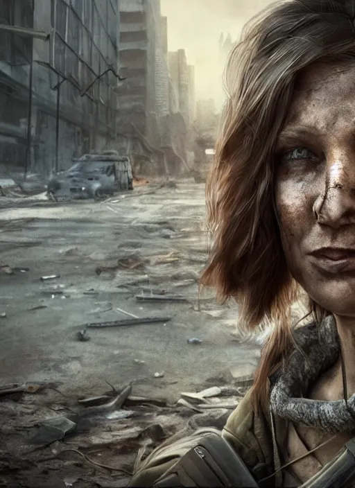 Image similar to portrait of a survivalist woman in a post apocalyptic city at dawn, beautiful digital concept art trending on artstation, ultra - realistic lifelike high details, realistic face, cinematic lighting