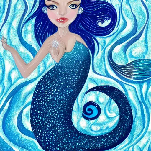 Image similar to an ultra perfect portrait of a fantastic mermaid with an ultra perfect and ultra detailed wild face with beautiful, ultra detailed wild blue eyes a fantastic crown of diamons and a diamond dust glitter and sparkles tail, swimming in a beautiful blue ocean