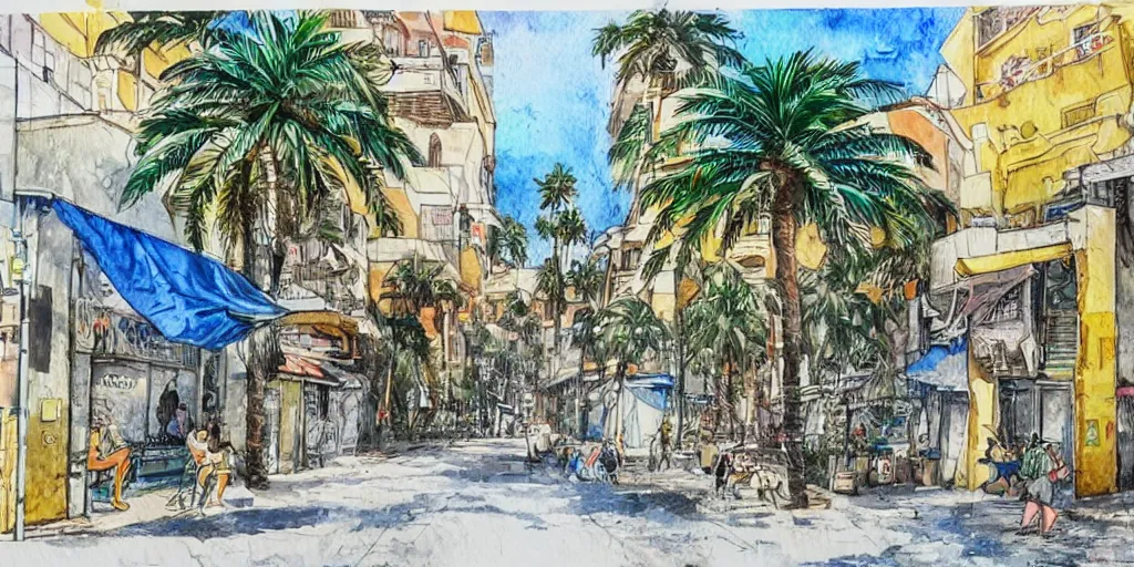 Prompt: streets of tel aviv. pen painting watercolors. colorful. highly detailed. palm trees. dogs. 8 k. artstation trending