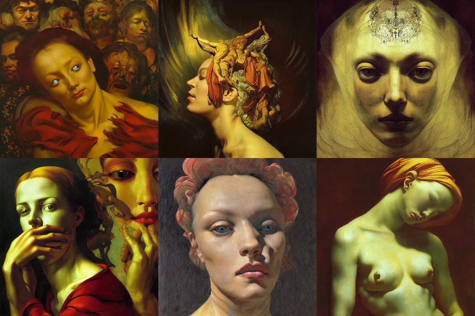 Prompt: The unfolded surreal face of beautiful woman, baroque cloth, shadows, the long shot, dramatic lighting, high-detailed oil painting by Ilya Repin, William Blake, Michelangelo da Caravaggio and Beksinski, masterpiece, 4k