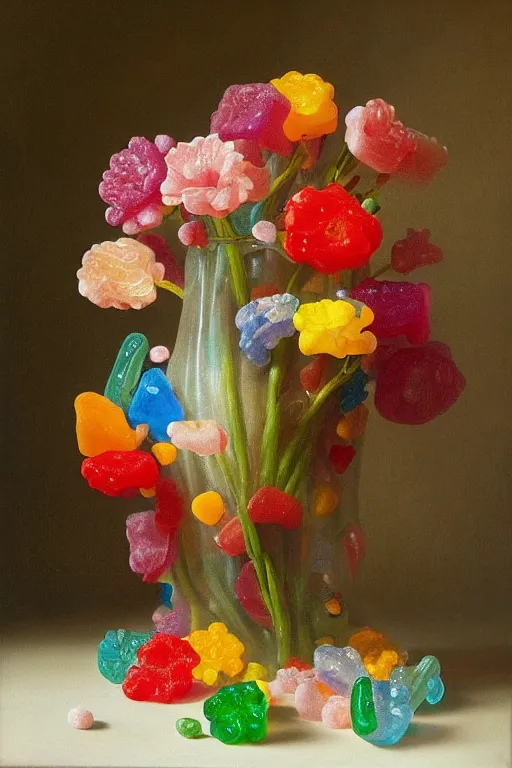 Prompt: painting of gummy flowers in a vase on a table, a surrealist painting by rachel ruysch, trending on deviantart, pop surrealism, surrealist, biomorphic, made of gummy bears flowers and jelly beans flowers, translucent gummy glowing texture