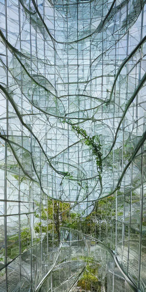 Prompt: we live in a glass - walled greenhouse shaped like a vertical helix, architecture