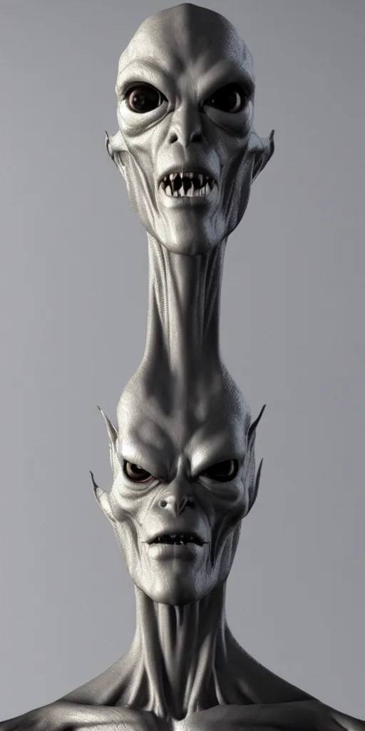 Image similar to Tall grey alien creature, dramatic lighting, very detailed, electrical details, high details, 4k, 8k, trending on artstation, by Hajime Sorayama and Paolo Eleuteri Serpieri